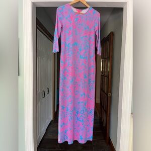 Lilly Pulitzer Cotton 3/4 Sleeve Round Neck Maxi Dress Size Sm Pink Blue Print